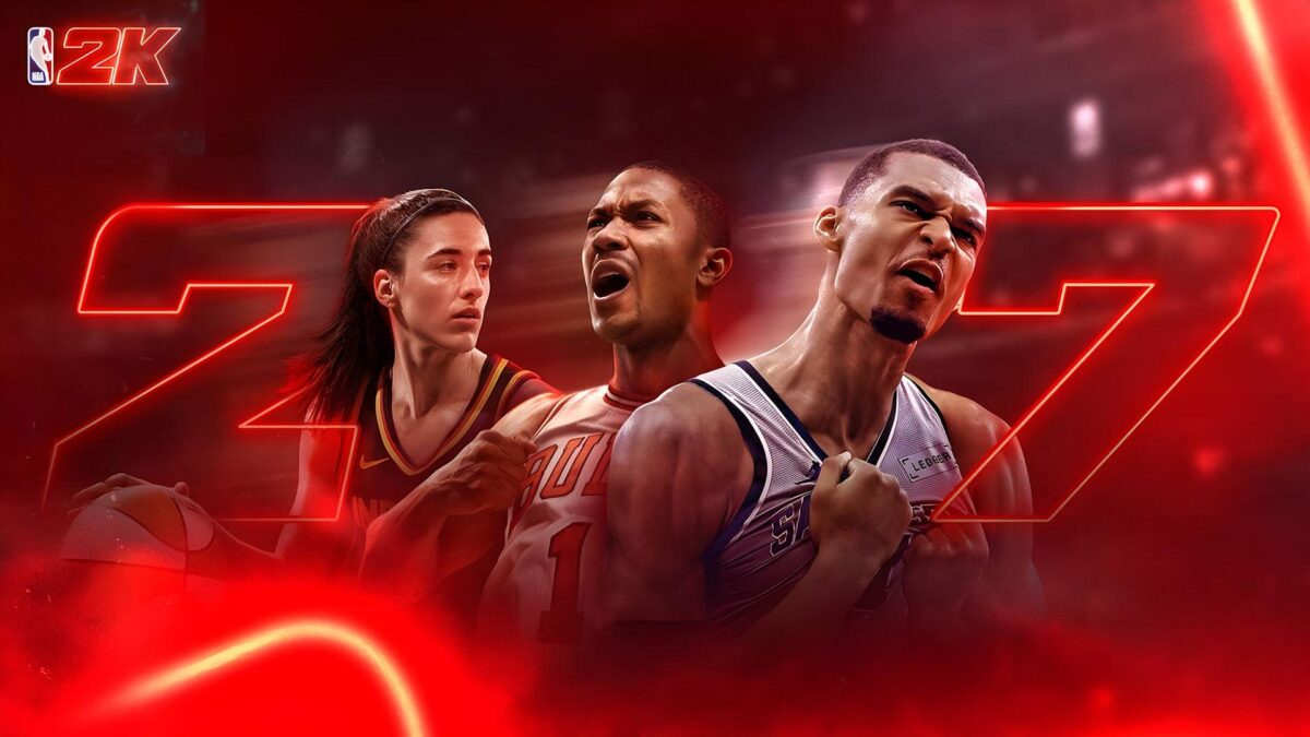 بازیکنان بسکتبال در پوستر بازی NBA 2K27 با پس‌زمینه قرمز